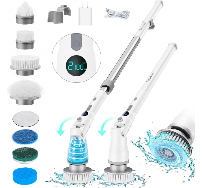 Electric Spin Scrubber, 80W Cordless Bathroom Shower Ergonomics Scrubber with 8 Cleaning Heads, 5000mah Dual Speed Power Scrubber with 54